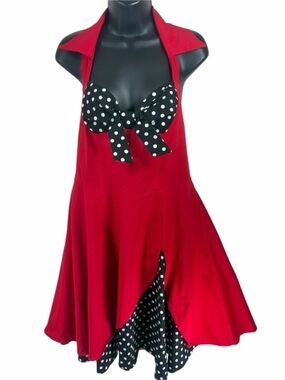 Retro Rockabilly Red Halter Swing Dress Polka Dot Bow XXL Pin Up